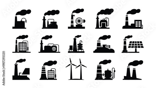 Black and white icons of factories power plants and industrial facilities emitting smoke with wind turbines and solar panels in a clean energy set