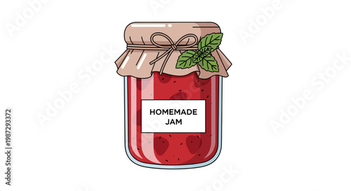 Homemade jam in a jar with a label and mint leaves