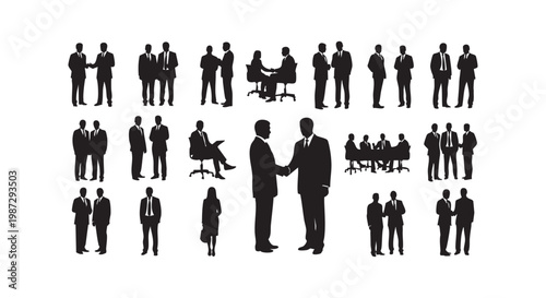 Set of various business people silhouettes engaged in different activities such as meetings and handshakes.