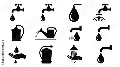 Black and white icons of taps water drops pitcher watering can bucket and shower head in minimalist style isolated on white background