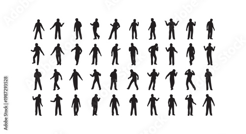 Set of various male silhouettes, standing, walking, gesturing, business casual people, diverse group.