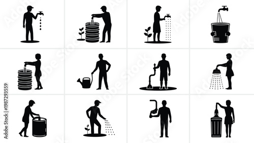 Set of minimalist silhouette icons depicting workers performing industrial tasks with tools and equipment in a bold black and white style