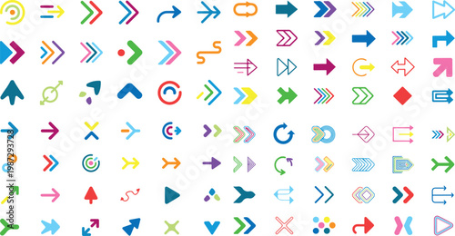 Collection of various colorful arrow icons in different styles and directions on white background