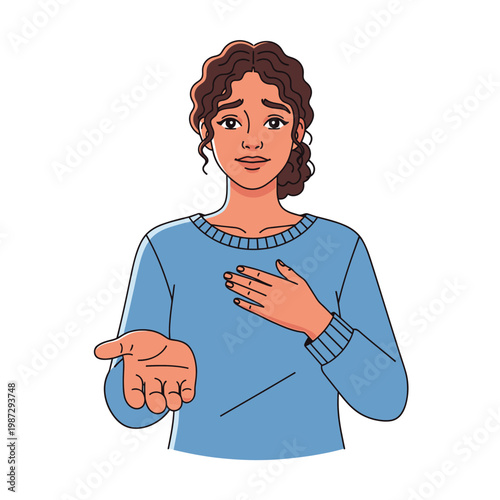 Woman begging for help, pleading gesture, hand outstretched, isolated on white