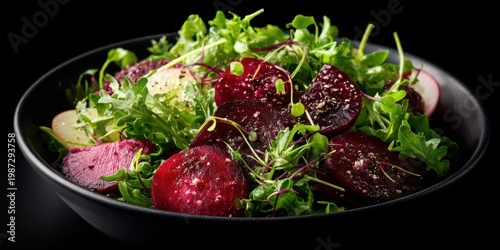 A vibrant salad featuring fresh greens and sliced beets, presented in a black bowl against a dark background.