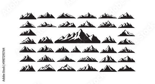 Set of various mountain range silhouettes for adventure and sport illustrations.