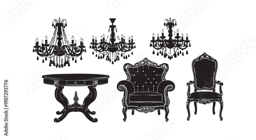 Set of vintage furniture and chandeliers, elegant table, chairs, lights, classic home decor objects.