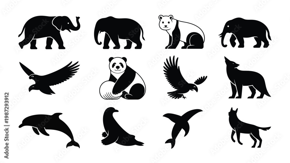 Obraz premium Black silhouettes of wild animals birds and marine life arranged in a grid featuring elephants pandas bears eagles wolves dolphins and seals in minimalist design