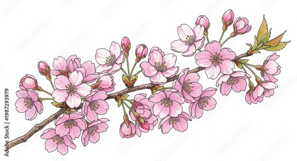 Fototapeta premium cherry blossom branch with pink flowers and buds on white background