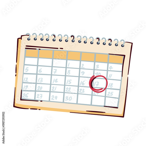 Deadline calendar page with marked date, spiral desk planner and monthly schedule grid. Task timing, launch planning and deadline calendar reminder, vector illustration.