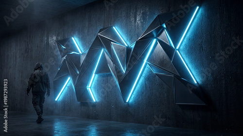 Blue Neon Geometric Light Wall in Rainy Night City  Futuristic Urban Reflection