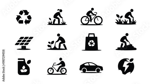 Set of black and white icons depicting recycling cycling solar energy planting composting and eco friendly activities