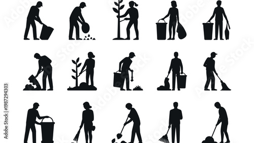 Set of silhouettes featuring people performing gardening and cleaning tasks minimalist style isolated on white background vector illustration