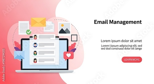 A person interacts with a laptop displaying various digital communications and icons on a pink and white interface.