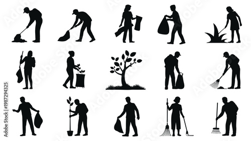 Silhouettes of workers performing gardening tasks including digging planting raking and watering in a minimalist style