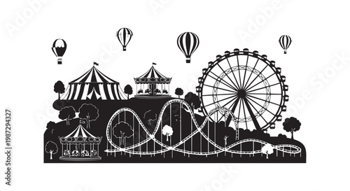Silhouette amusement park with roller coaster Ferris wheel carousel and hot air balloons on a white background vector.