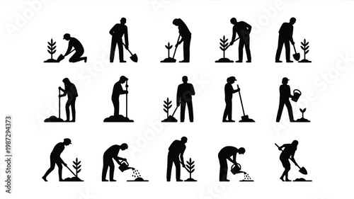 Silhouettes of gardeners planting digging and nurturing seedlings in a minimalist style with varied poses and tools