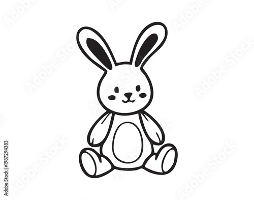 Soft plush bunny line drawing, sitting pose with stitched ears and embroidered face playful nursery charm evokes childhood comfort, bedtime companion for toddler room decor, gift tags, greeting cards,
