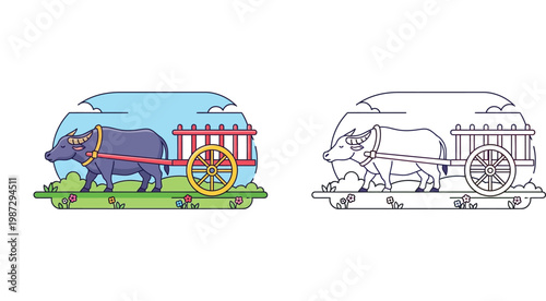 Water Buffalo Pulling Traditional Wooden Cart Illustration in Colored and Outline Style, Rural Agriculture Transport and Farming Life Vector Icon Set