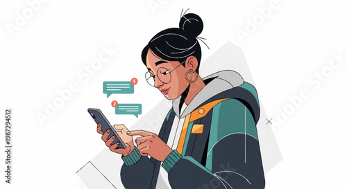 Woman engrossed in her smartphone, receiving messages with focused attention.