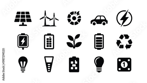 Energy and sustainability icons featuring solar panels wind turbines electric vehicles batteries and recycling symbols in minimalist black design