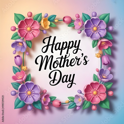 Abstract 3D Floral Frame with Happy Mother’s Day Text Colorful Modern Greeting Design