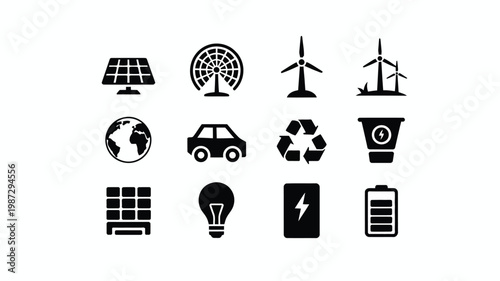 Black and white icons of renewable energy symbols including solar panels wind turbines electric cars recycling and batteries for sustainability