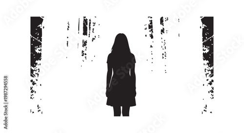 Silhouette of a girl in a dress standing in a forest of abstract trees, mysterious atmosphere.