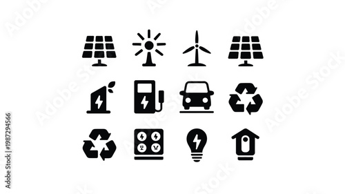 Set of renewable energy icons including solar panels wind turbines electric cars and recycling symbols in a clean modern design