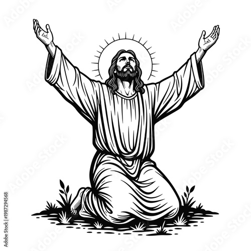 Jesus Christ Kneeling in Prayer with Arms Raised and Halo Surrounded by Grass and Plants
