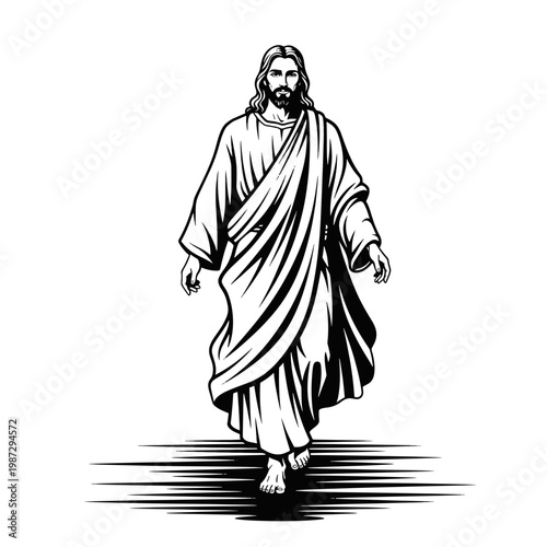Jesus Christ in Flowing Robes Walking Forward with Hands Outstretched Graphic Religious Depiction