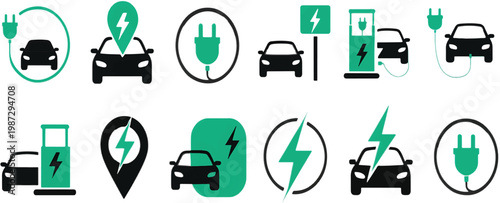 Electric car charging icon set. EV station, plug, socket, hybrid car, green electric car with plug symbol on white background
