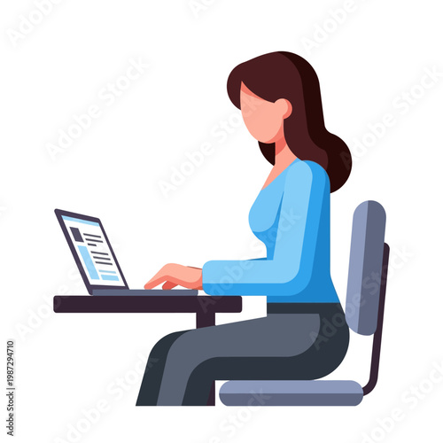Woman working on laptop computer at desk, flat design illustration