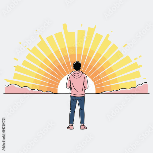Man looking at sunrise with radiating light rays flat vector illustration.