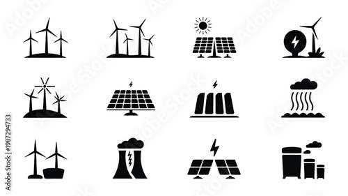 Black and white icons of renewable energy sources including wind turbines solar panels and hydroelectric power for sustainable development