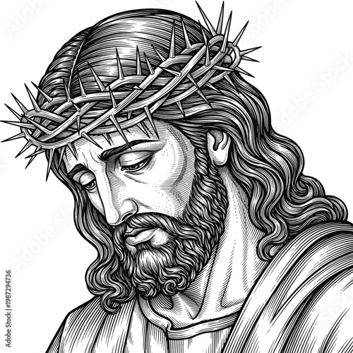 Religious Figure with Crown of Thorns Looking Down with Solemn Expression Detailed Engraving Style
