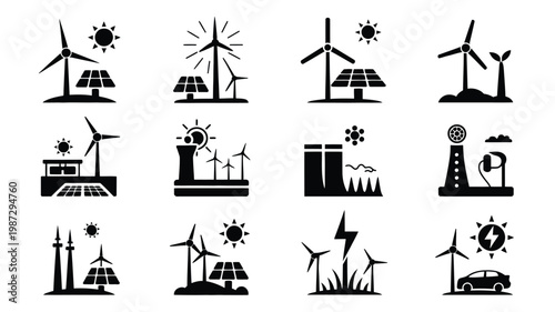 Symbols of renewable energy and power generation including wind turbines solar panels and industrial factories with bold black silhouettes