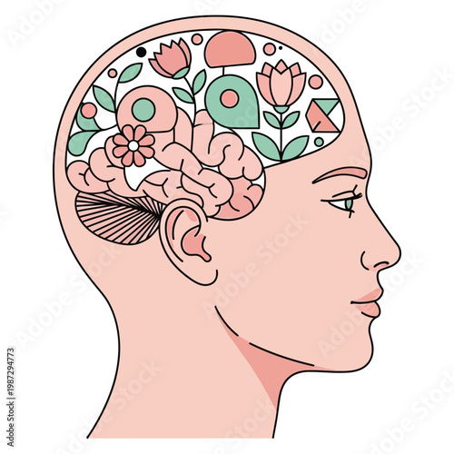 Mental health awareness human brain with flowers and geometric shapes flat vector illustration.