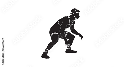 Silhouette of a male wrestler in a defensive stance, ready for competition, black and white illustration.