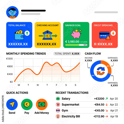 Modern digital banking dashboard illustration for streamlined personal finance management, tracking spending trends, savings, and transactions.