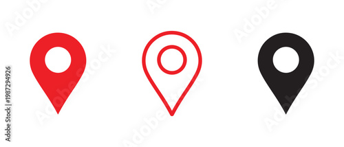 Minimal Location Pin Icon Set Red and Black Map Marker Vector GPS Navigation Symbol