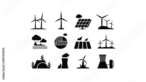 Black and white icons of renewable energy sources including wind turbines solar panels and hydroelectric power alongside industrial symbols like factories and nuclear reactors