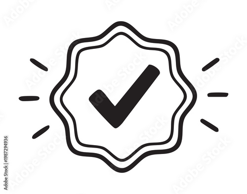 Trust and quality emblem design. Badge featuring checkmark indicating approval and certified quality. Design of trustmark badge with central tick symbol signifying verified quality and approval