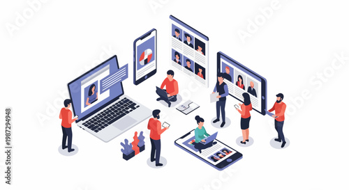 Isometric Concept of HR Recruitment and Digital Networking with People Using Laptops and Smartphones to Browse Professional Candidate Profiles