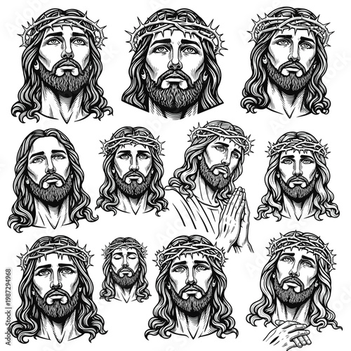Collection of Stylized Line Art Portraits of Jesus Christ Wearing a Crown of Thorns