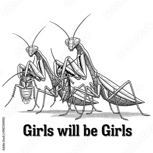 Detailed Black and White Line Art of Three Praying Mantises Interacting One with a Cockroach