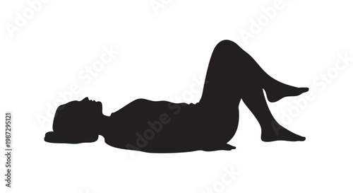 Silhouette of a woman lying down in a relaxed pose, possibly for yoga or meditation, peaceful and calm human form in repose on white background.