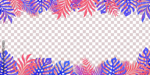 Vibrant tropical monstera leaves form a colorful border arrangement