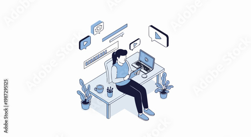Isometric Illustration of Woman Creating and Editing Video Content on Laptop and Tablet, Social Media Marketing and Digital Production Concept
