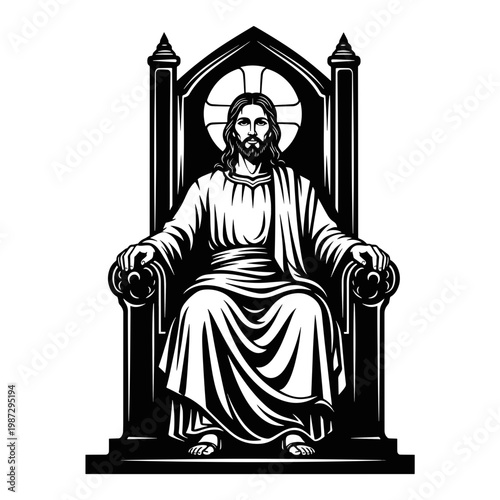 Jesus Christ Enthroned on a Grand Ornate Chair with a Halo and a Robe Depicted in Black and White Linework